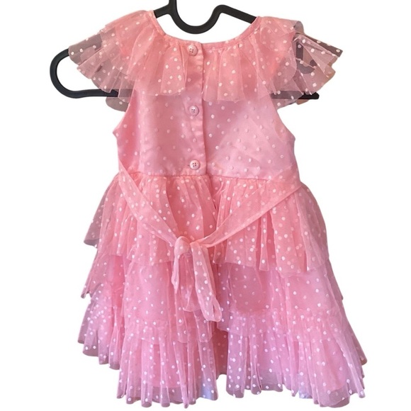 Jona Michelle 2T Pink Tulle Tiered Swiss Dot‎ Dress with Ribbon Bow Waist FLAW - Picture 5 of 9